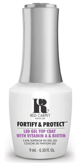 RC Red Carpet Manicure Fortify & Protect top coat bottle close-up shows a glossy finish.