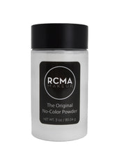 RCMA No-Color Powder tin closeup highlighting pigment-free universal setting for all skin tones.