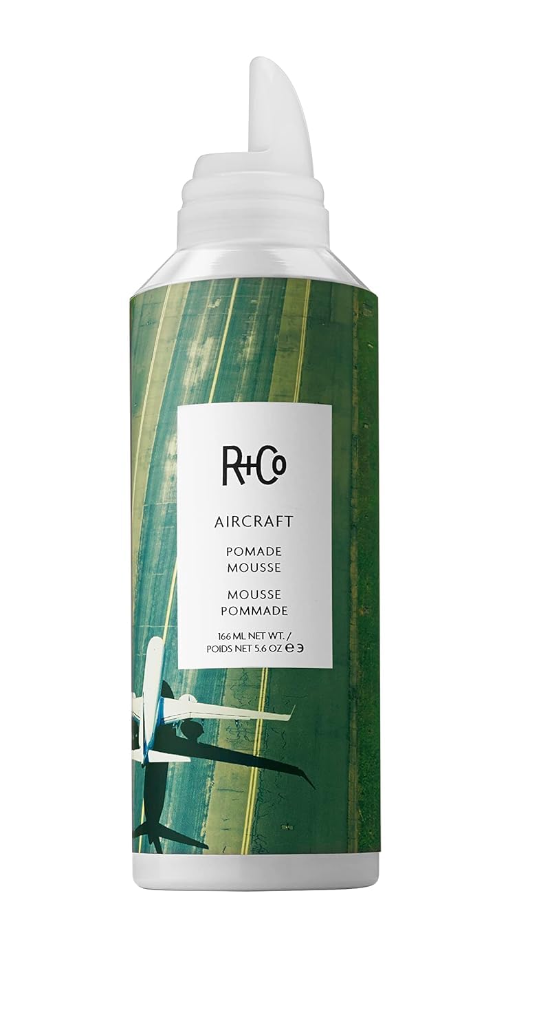 R+Co Aircraft Pomade Mousse bottle front for second-day texture