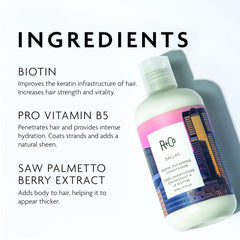 R+Co Dallas Biotin Thickening Conditioner label close-up communicates premium, salon-grade care.