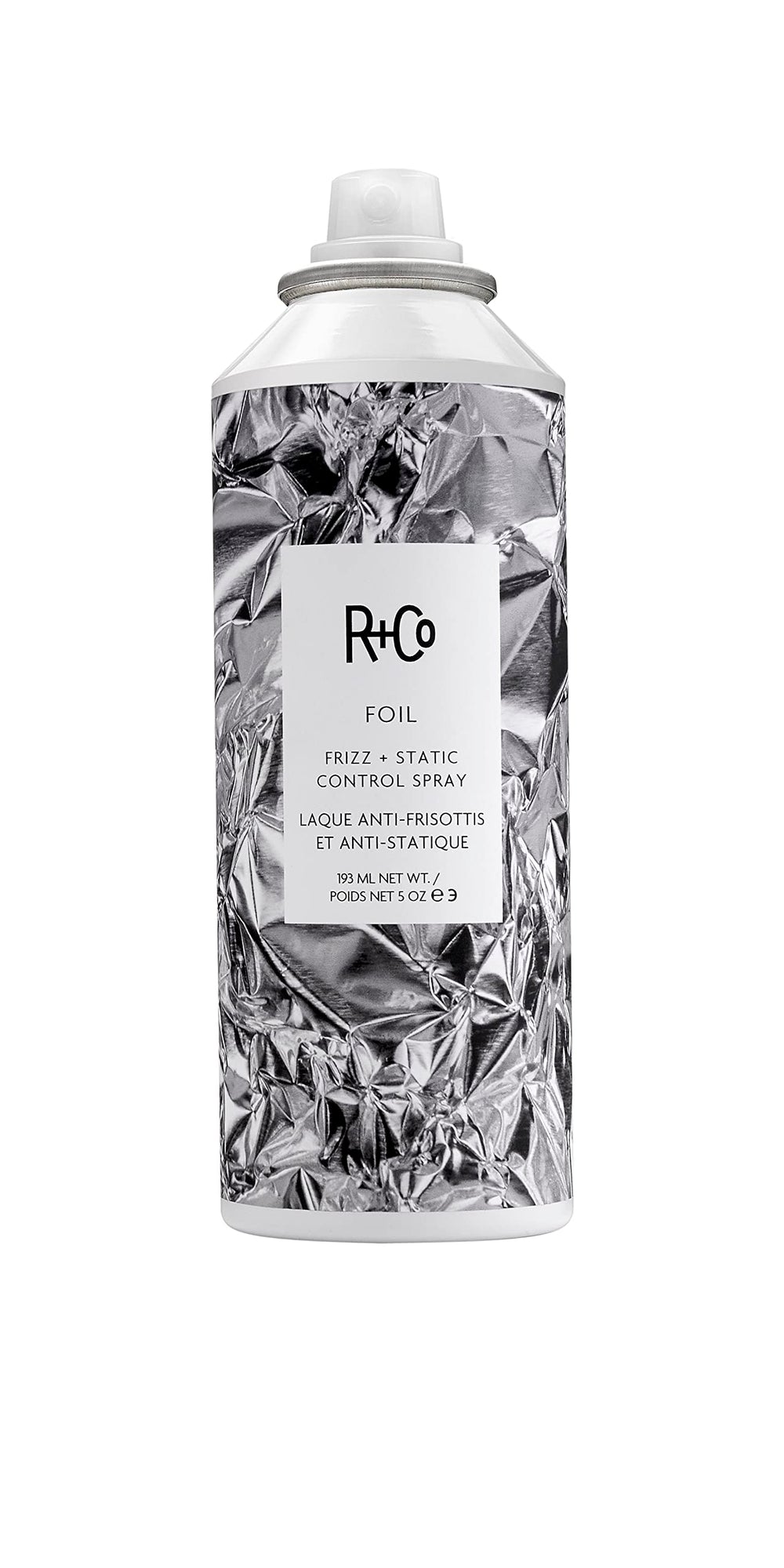 R+Co Foil Frizz Static Spray packaging shown for on-the-go frizz control.