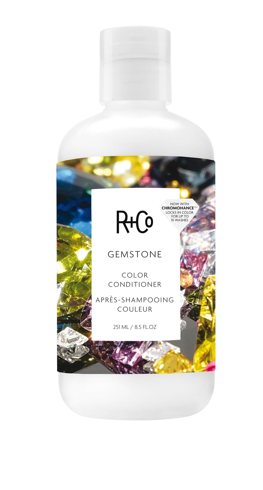 R+Co Gemstone Color Conditioner bottle close-up highlighting color-safe hydration.
