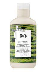 R+Co Labyrinth 3-in-1 shampoo bottle highlights touchable texture and volume.
