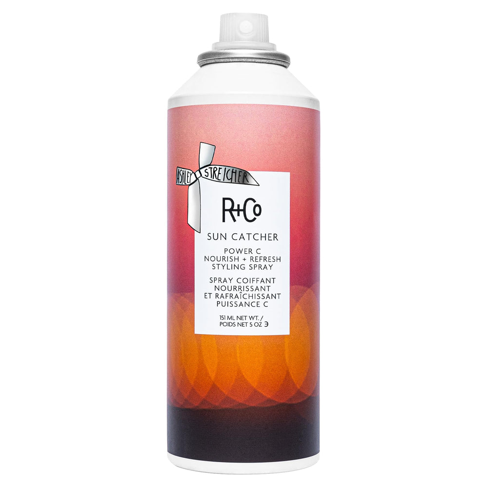 R+Co SUN CATCHER bottle closeup highlighting hydration and UV protection.