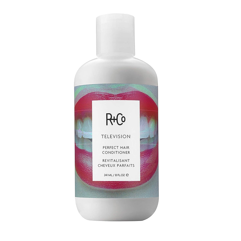 R+Co Television Perfect Hair Conditioner bottle delivers weightless moisture for all hair types