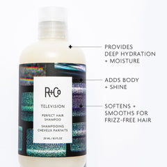 R+Co Television Perfect Hair Shampoo foamy lather in hand signals moisture-balanced cleansing.