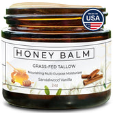Really Good Blends Tallow Honey Balm jar closeup showing nourishing ingredients for dry skin relief.