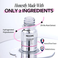 RE:CIPE Volufiline ampoule mix-application shows easy blending into moisturizers for plump, hydrated skin.