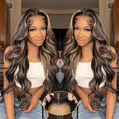Recomtic highlight glueless wig close-up shows natural parting and a full-bodied ombre body wave for confidence