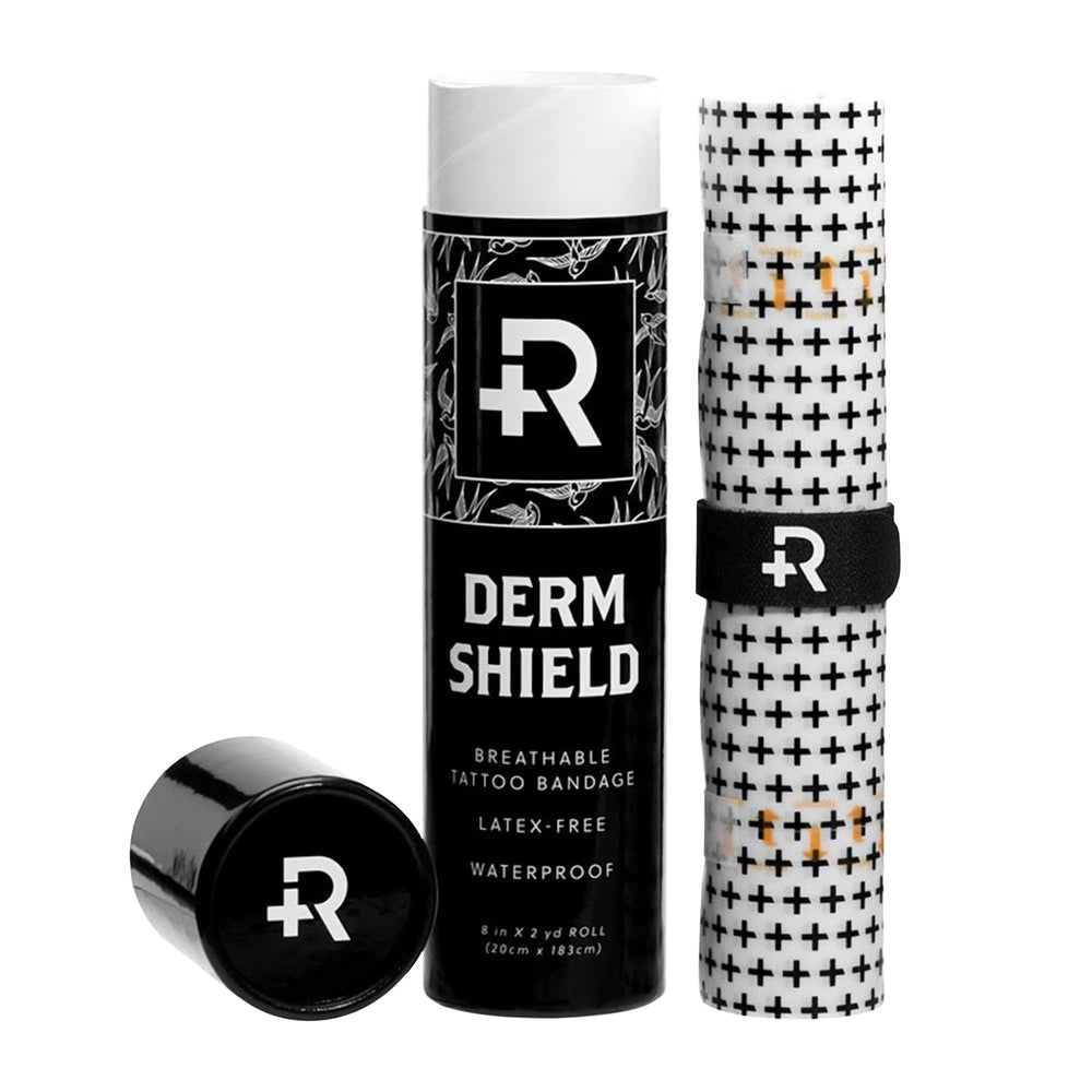 Recovery Aftercare Derm Shield packaging closeup shows latex-free, breathable tattoo cover.