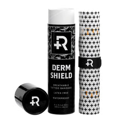Recovery Aftercare Derm Shield packaging closeup shows latex-free, breathable tattoo cover.