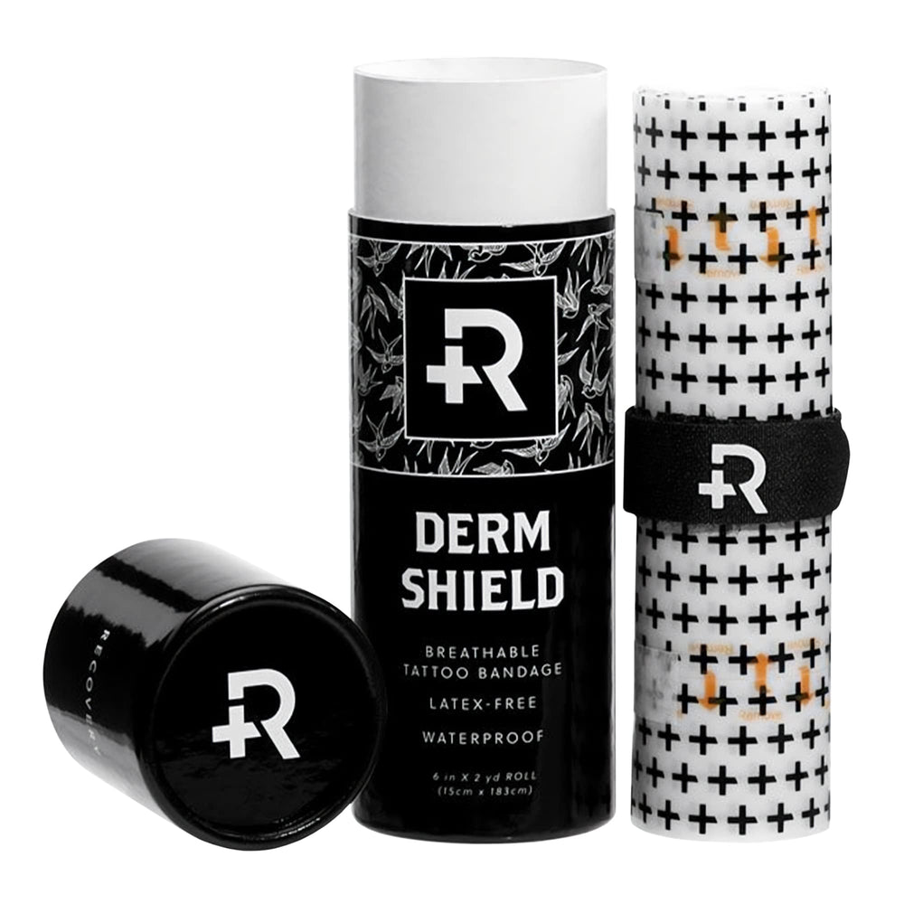 Recovery Aftercare Derm Shield patch packaging highlights latex-free tattoo protection for clean healing.