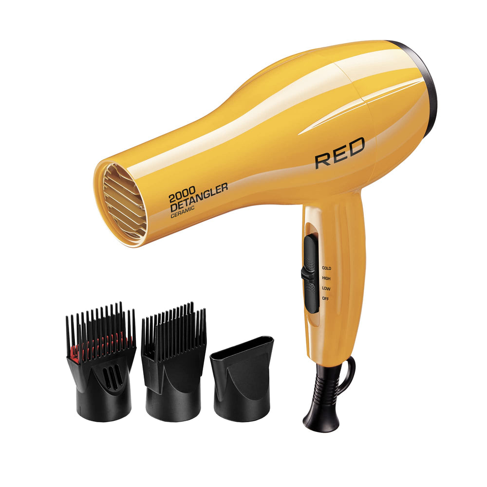 Red by Kiss 2000 Ceramic Hair Dryer front view highlights compact design for quick daily styling.
