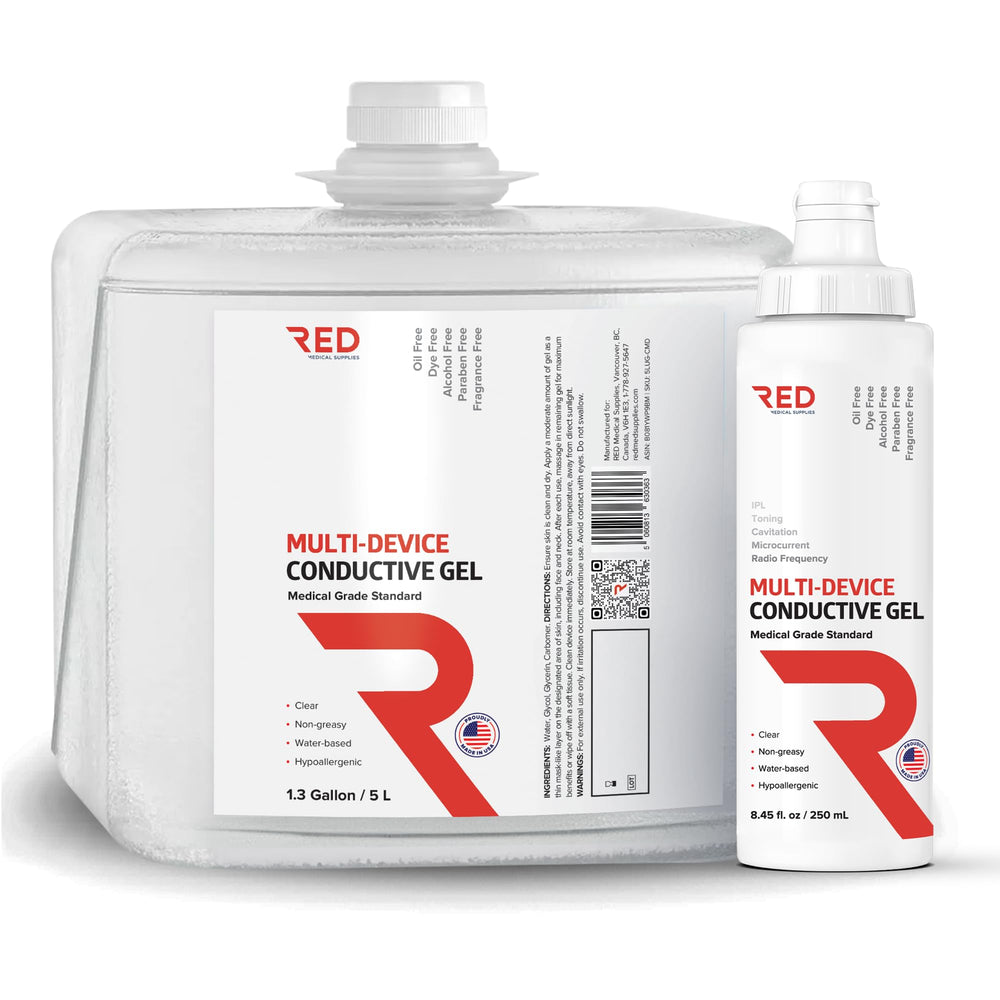 RED Medical Supplies ultrasound gel 5L cube delivers professional-grade conductivity for smooth sessions.