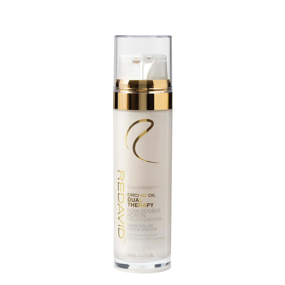 Redavid Orchid Oil Dual Therapy repair bottle pour highlights frizz control.