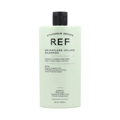 REF Weightless Volume Shampoo bottle close-up highlighting lightweight lift for color-treated hair