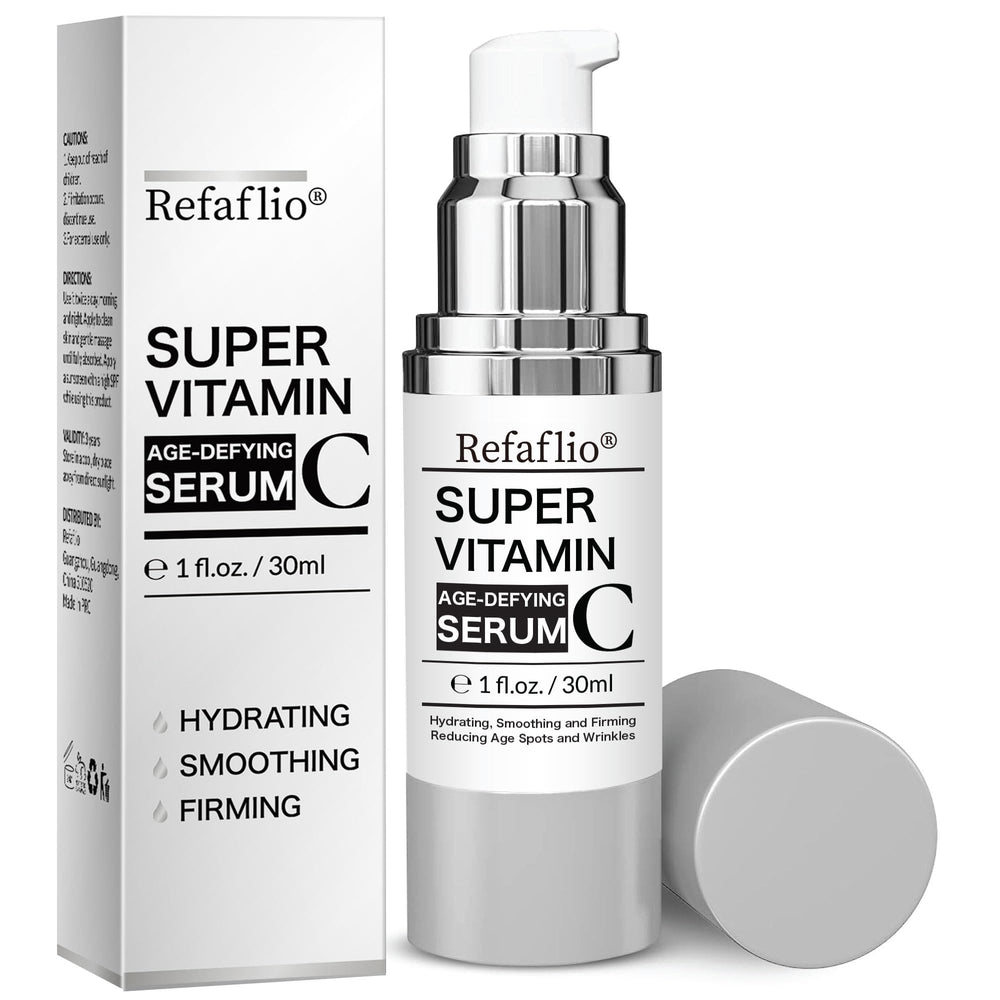 Refaflio Super Vitamin C Serum bottle highlighting hydrating formula for daily use.