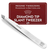 Regine Switzerland Diamond Slant Tip Tweezers close-up showing precision for fine hairs