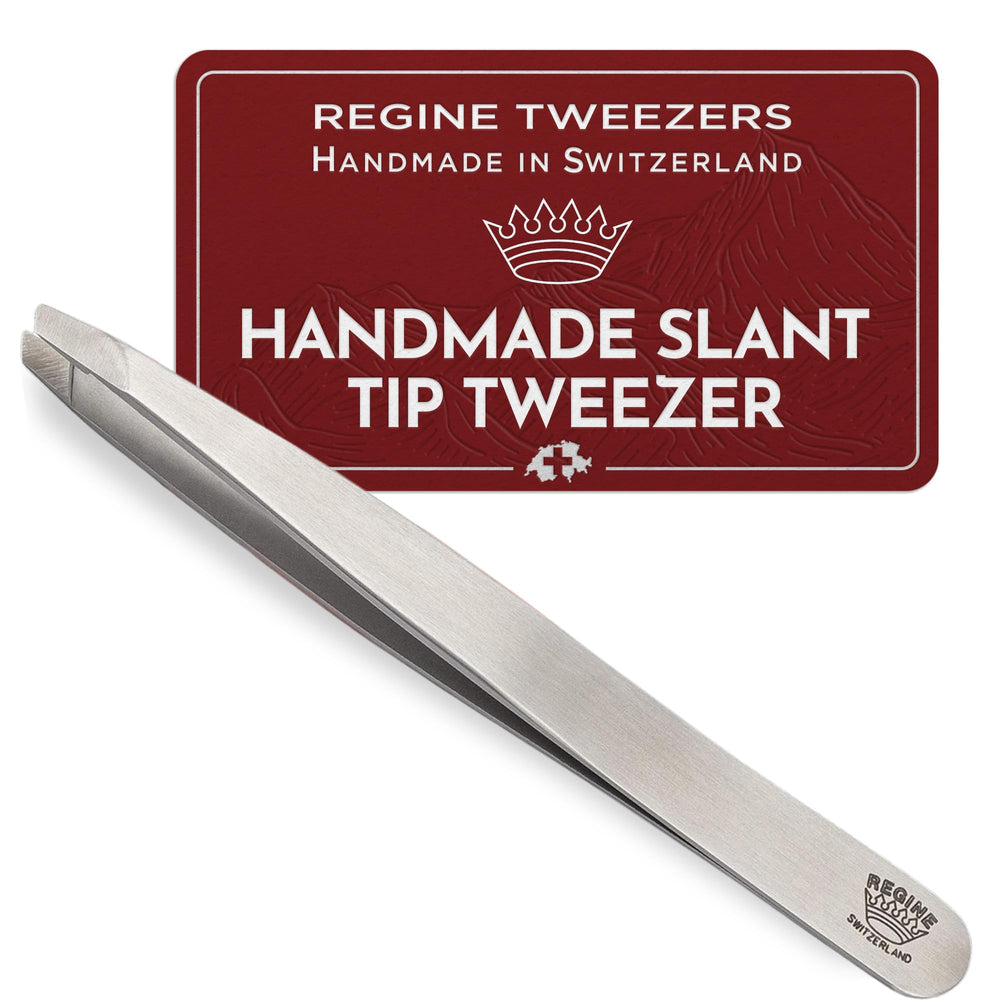Regine Switzerland tweezers slant-tip close-up shows etched precision for fine facial hairs.