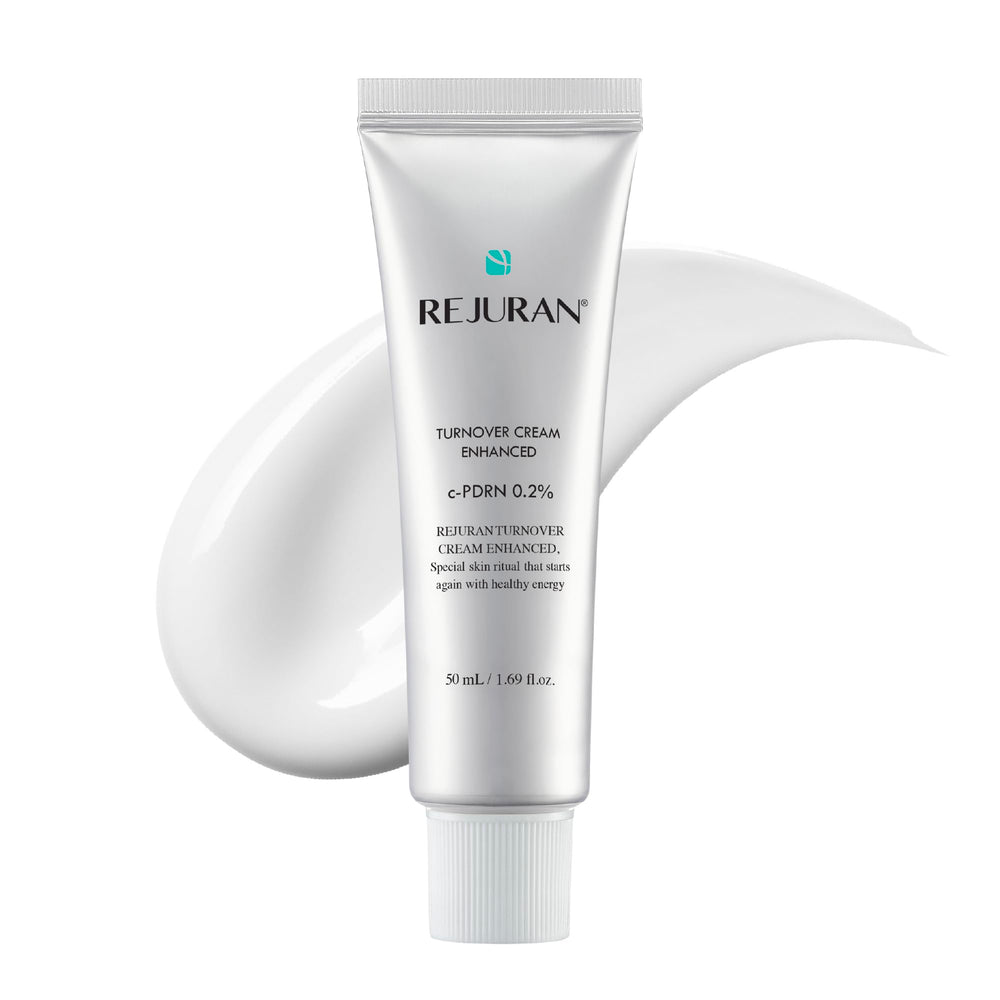 REJURAN Turnover Cream Enhanced bottle closeup, premium packaging for smoother skin goals.