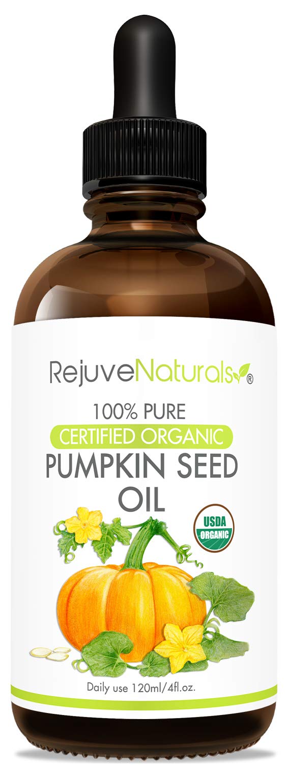 RejuveNaturals Organic Pumpkin Seed Oil bottle demonstrates hair and skin nourishment.