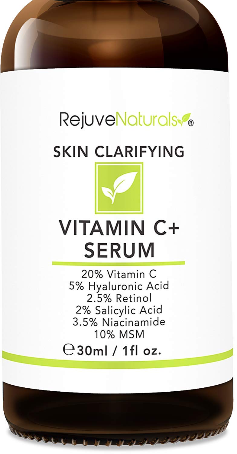 Rejuvenaturals Vitamin C Serum bottle highlights brightening, smoother skin.