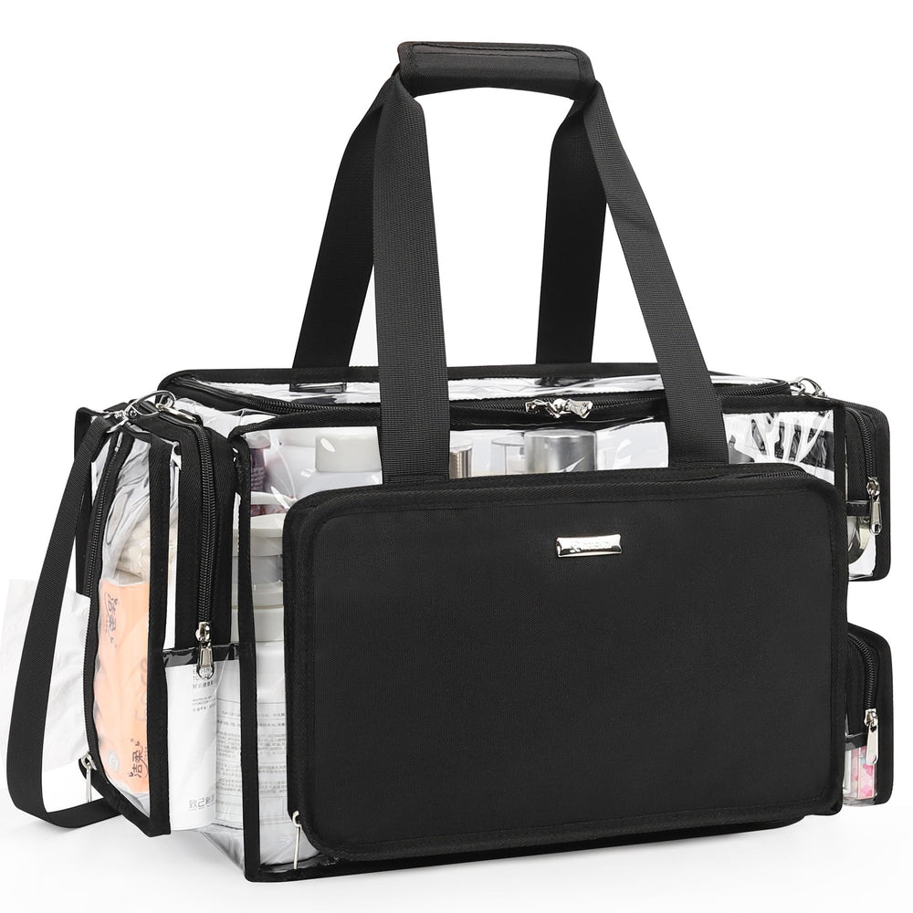 Relavel clear makeup bag main compartment with adjustable dividers for large bottles and palettes.