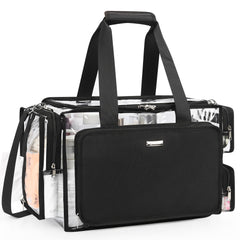 Relavel clear makeup bag main compartment with adjustable dividers for large bottles and palettes.