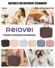 Relavel makeup train case with detachable dividers keeps cosmetics organized.