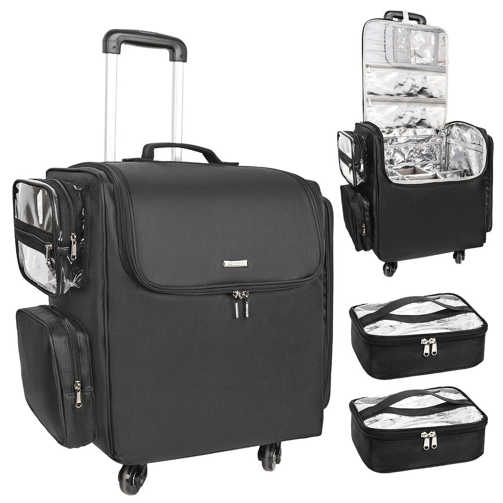 Relavel rolling makeup train case closed for secure on-the-go storage.