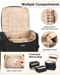 Relavel rolling makeup train case with four clear bags for easy visibility.