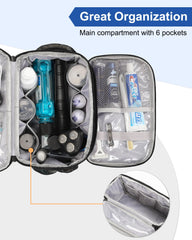 Relavel mesh pockets help organize skincare and shaving items.