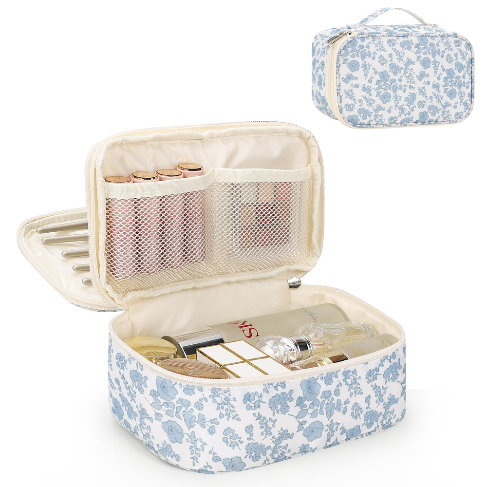 Relavel travel makeup bag full view shows compact floral travel-ready design for cosmetics