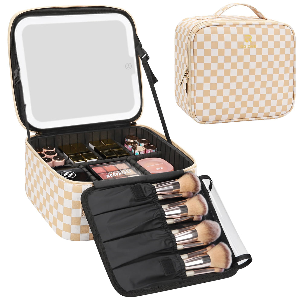 Relavel travel makeup bag with LED mirror for crisp, bright makeup application on the go.