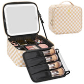 Relavel travel makeup bag with LED mirror for crisp, bright makeup application on the go.