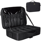 Relavel travel makeup train case in black exterior highlighting durable construction for daily use.