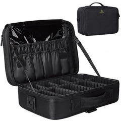 Relavel travel makeup train case in black exterior highlighting durable construction for daily use.