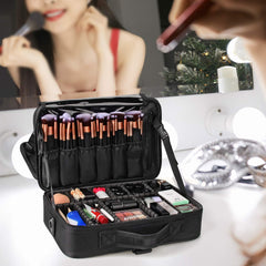 Relavel travel makeup train case black open top view showing interior organization for cosmetics.