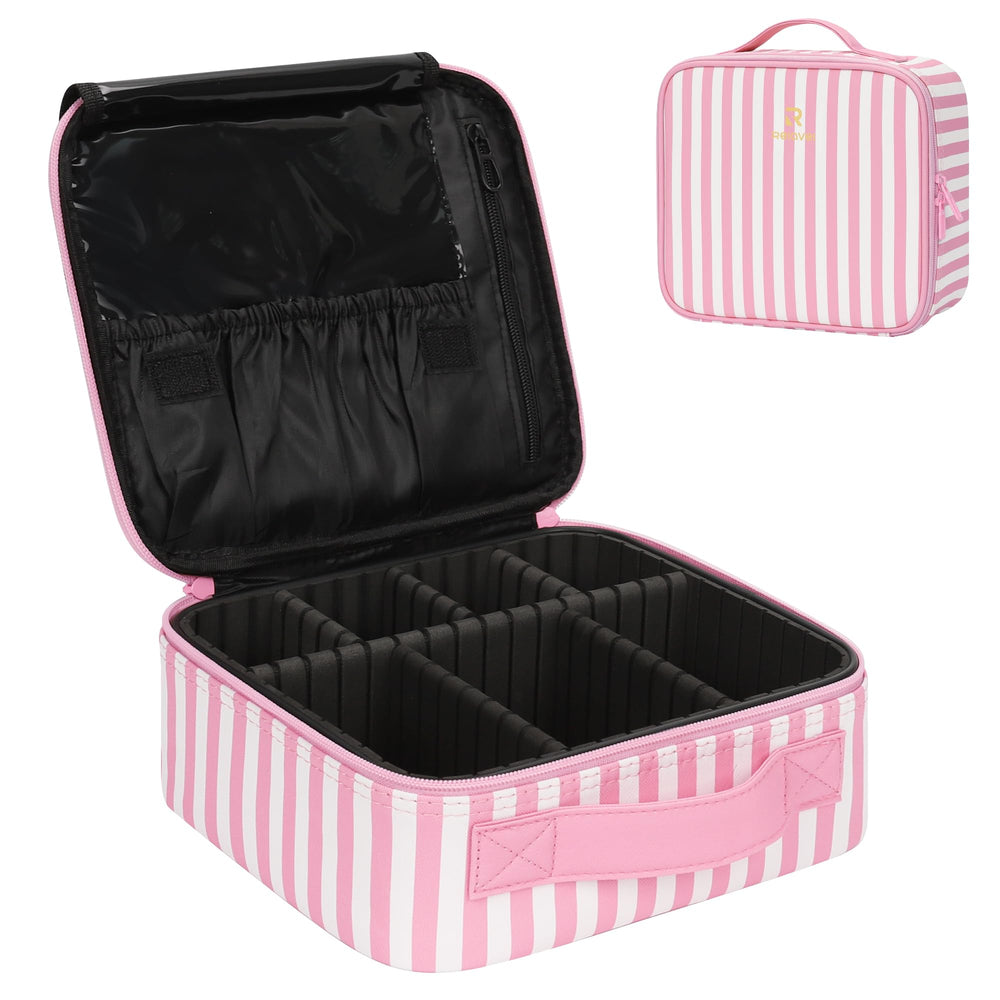 Relavel travel makeup train case with pink pinstripe exterior for stylish organization on the go