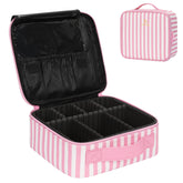 Relavel travel makeup train case with pink pinstripe exterior for stylish organization on the go