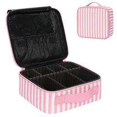 Relavel travel makeup train case with pink pinstripe exterior for stylish organization on the go