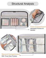 Relavel four-compartment layout helps keep toiletries neatly separated.