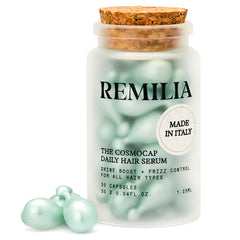 Remilia Hair keratin capsules pack close-up highlighting smoother hair from premium ingredients