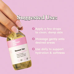 Renew Her oil swatch on skin—moisturizing nourishment for sensitive areas.