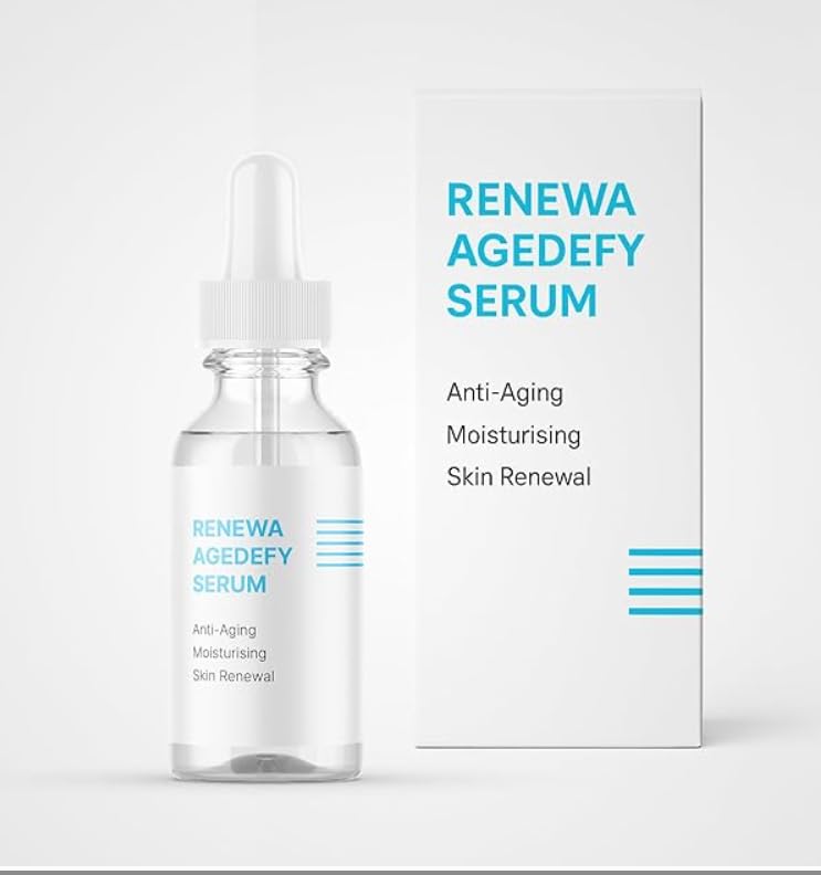 Renewa AgeDefy Niacinamide 5% Serum bottle promotes even tone and smoother texture.