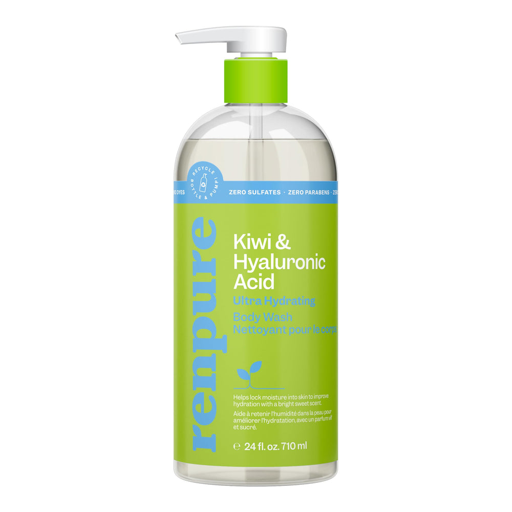 Renpure Kiwi Hyaluronic Body Wash pump bottle with hydrating cleanse for soft skin.