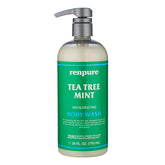 Renpure Tea Tree Peppermint Body Wash pump bottle shows sulfate free cleansing for dry skin