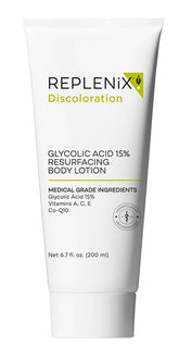 Replenix Glycolic Acid 15% lotion bottle on shelf promotes smoother skin.