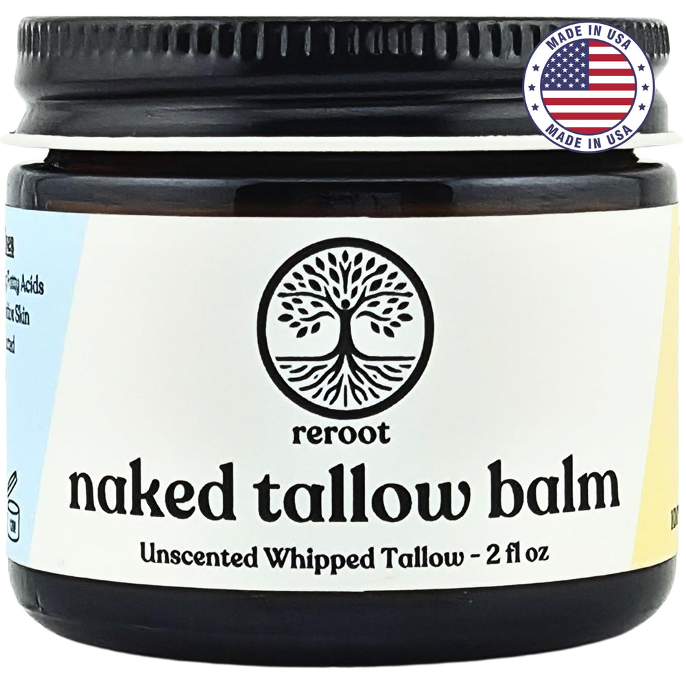 Reroot Organics Naked Tallow Balm jar closeup showing creamy texture for deep hydration