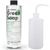 RetroDeco Green Soap bottle pour shows easy dispensing during routine aftercare.